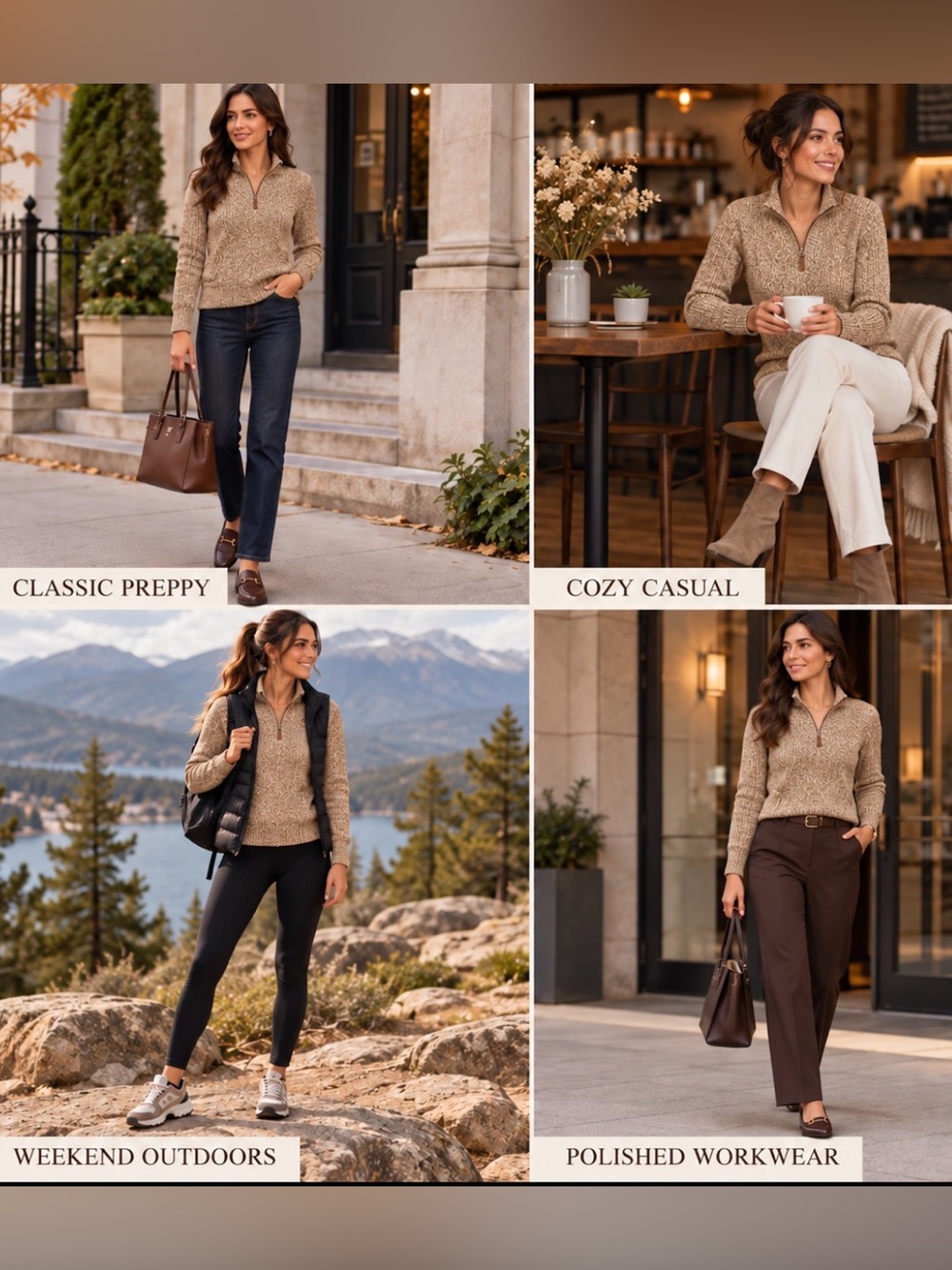 Tommy Hilfiger 1/4 Zip Tan Marled Knit Sweater‎ Women M Classic Preppy Cozy